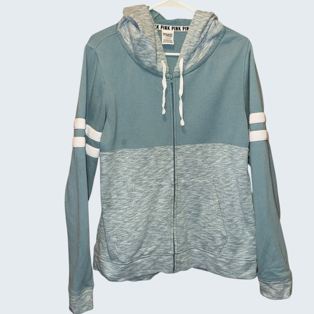 Victoria's Secret PINK Full Zip Hoodie Teal Heather Grey Colorblock Womens M